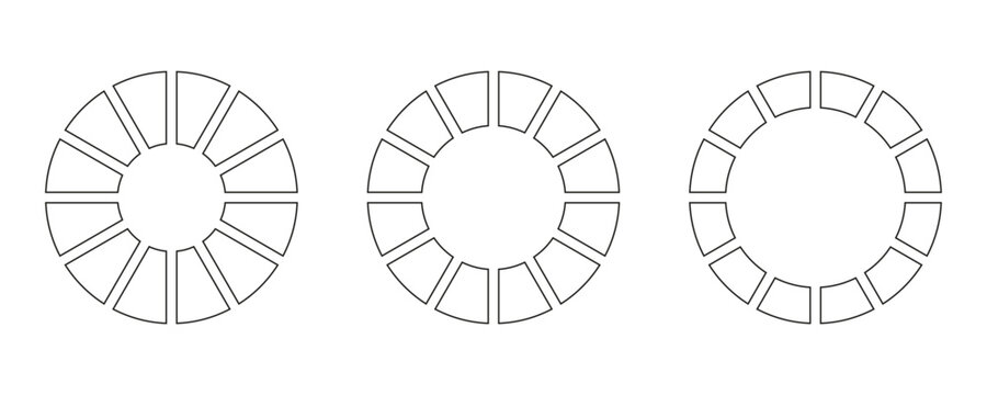 Wheels round divided in twelve sections. Diagrams infographic set. Circle section graph line art. Pie chart icons. Outline donut charts or pies segmented on 12 equal parts. Coaching wheel life blank.