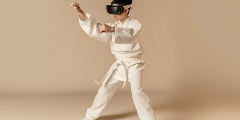 Taekwondo's fighter boy wearing VR headset