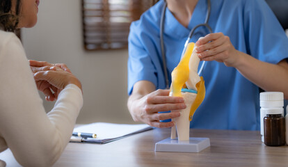 Female doctor who is explaining the treatment method of the knee joint to the woman patient