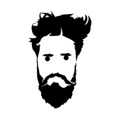 Man face with messy hair and beard, Guy face without grooming vector illustration black and white clip art