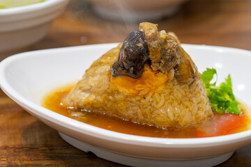 On the table, magnetic bowls, disassembled, steaming hot, meat dumpling, dumpling leaves