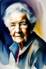 Colorful painted portrait of an old lady with flowers. Generative AI