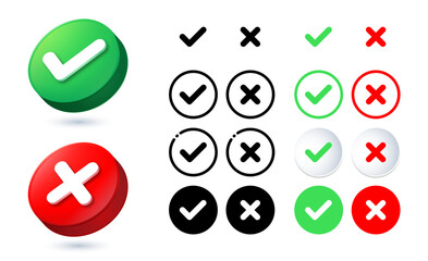 3d checkmark icon button correct and incorrect sign. Set check mark box frame with green tick and red cross symbols - yes or no 3d icons buttons