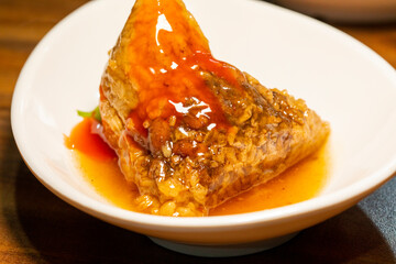 On the table, magnetic bowls, disassembled, steaming hot, meat dumpling, dumpling leaves