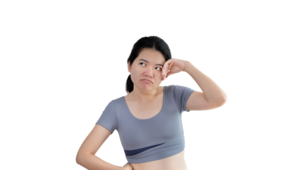Woman doing boring poses on colored background,  Acting indifferently, Indifferent to what is going on, Acting not concerned, PNG File, Ignorant, Up to you.