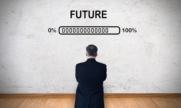 Businessman Future with progress bar on white wall. Business Company success Process Conapt.   