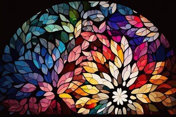 Colorful leaves with flowers stained glass mosaic background with empty space.