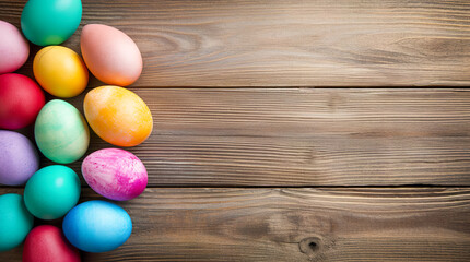 Fototapeta na wymiar Colorful easter eggs on rustic wooden background with copy space. Generative AI