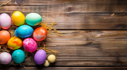 Fototapeta na wymiar Colorful easter eggs on rustic wooden background with copy space. Generative AI