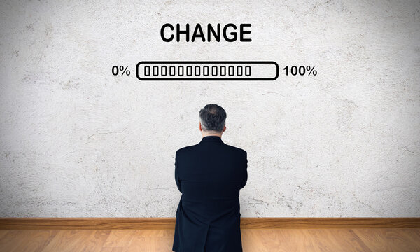 Business Change Concept with Businessman observing the progress bar on white wall. 