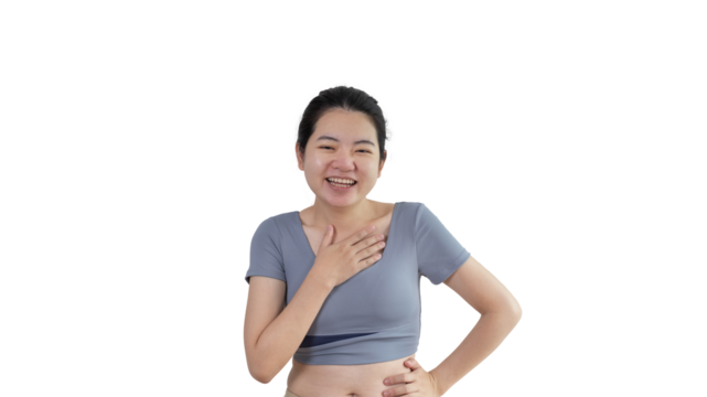 Asian woman laughing happily on PNG file, Happiness through laughter, Funny, Copy space, Portrait, Advertising text area, Isolated on PNG File.