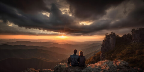 Naklejka na ściany i meble Couple watching the sunset in the mountains by generative AI