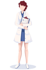 The woman doctor in white uniform holding clipboard. 