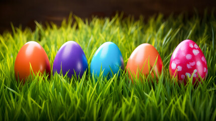 Fototapeta na wymiar Colorful easter eggs on green grass background with copy space. Generative AI