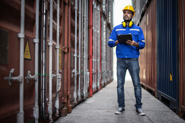 Foreman control or check inventory details of containers box, worker checking quantity of product in containers.