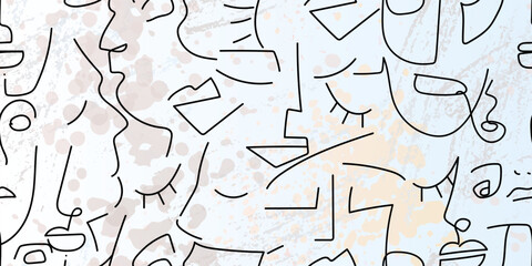 One line drawing. Abstract face seamless pattern.