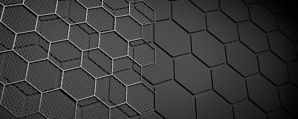 Digital background. Technological Background. Neural Network concept. Artificial Intelligence. Background for Blockchain design. Technological hexagons in dark color. Abstract Background. 3d render.