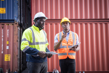 Engineer and foreman control or check inventory details of containers box, worker checking quantity of product in containers.