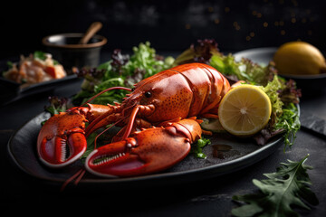  freshly cooked lobster, with salad on a tray on a table against a dark background Generative AI