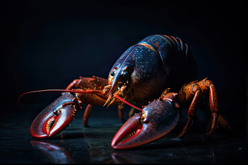 The magnificent lobster, with its brilliant red shell shimmering against the dark background Generative AI