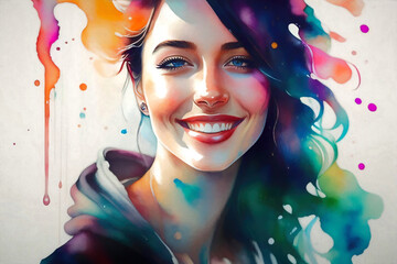 Colorful portrait of a young woman. Generative AI