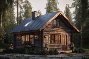 3d render of wooden cabin in forest