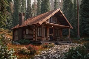 3d rendering of wooden cabin in forest