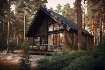 3d rendering of wooden cabin in forest