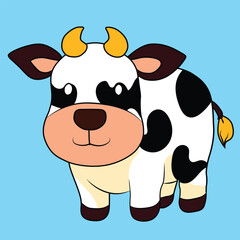 Cute Cow standing and looking in the camera. Hand drawn colored trendy Vector illustration. Funny character. Cartoon style. Flat design. Farm Animals concept. Isolated on blue background