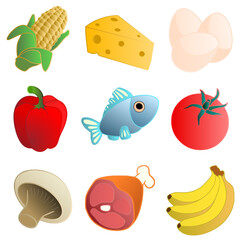 Set of colored food vector icons illustration. Contains meet, fish, mushrooms, vegetables, eggs