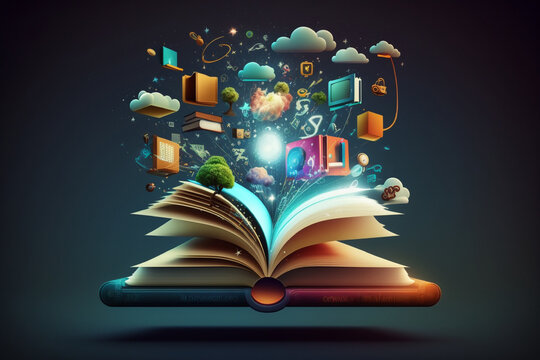 open magic book with smart services icons, internet and communication technology, by generative AI. 