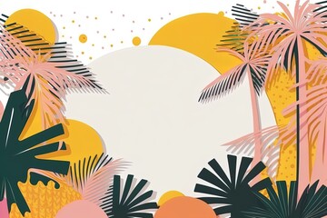 Fototapeta na wymiar Pop-art bright summer banner template with sun beams, palms and clouds in colorful style with empty space