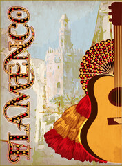 Flamenco  party card with spanish guitar and fun, vector illustration - obrazy, fototapety, plakaty