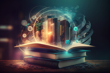 magic of fractal realms, open magic book with smart services icons, internet and communication technology, by generative AI. 
