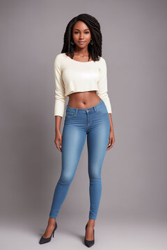 Beautiful woman in jeans. Studio shot on a gray background. Generative AI.