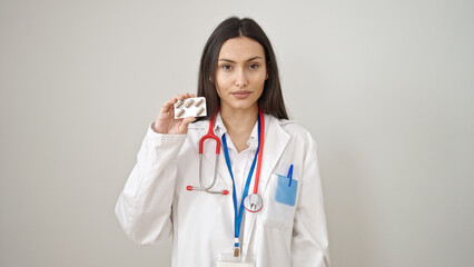 Young beautiful hispanic woman doctor holding pills over isolated white background