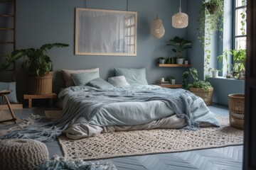 Gray and blue color palette for calm bedroom in comfortable apartment with plants and natural decorations. Generative AI