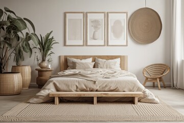 Mock up frame in beige bedroom with natural wooden furnishings. Generative AI