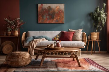 Couch, colorful cushions, carlet plaid, wooden stand, vase with dried flowers, rattan sideboard, and personal decorations in ethnic living room. Furnishings. Template. Generative AI