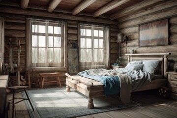 Blue beige log cabin bedroom. Double bed, wooden side tables. Frame mockup, farmhouse interior,. Generative AI