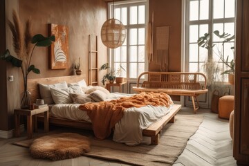Malaga, Spain, March 8, 2022 boho chic picture studio bedroom with pampas. Generative AI