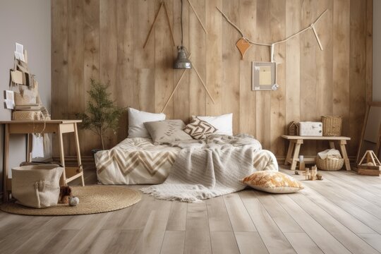 Bleached wood and beige farmhouse children's bedroom. Wall mocked single bed. Wallpaper and parquet. Boho decor,. Generative AI
