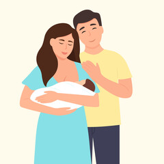 Happy family embracing their newborn with care and love.Parents with child..Happy family and childhood concept. Vector illustration