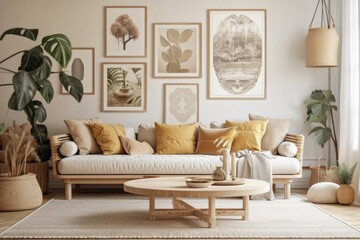 Boho scandinavian living room with couch, table, and décor. Plant backed beige wall mockup. illustration. Generative AI