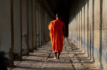 Monks in Angkor Wat Walking Jong Krom, Angkor National Park, Siem Reap, Cambodia