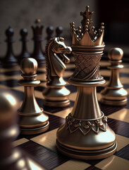 Chess piece on chessboard, competition success and strategy game play, design created with Generative Ai	
