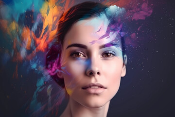 Vibrant Closeup of a  Fantasy Woman with Color Splashes: Add a Pop of Excitement to Your Design Projects, Generative AI