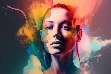 Vibrant Closeup of a  Fantasy Woman with Color Splashes: A Striking Visual Element for Your Creative Projects, Generative AI