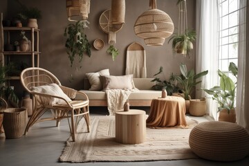 Fototapeta na wymiar Modern living room with rattan chairs, cushions, plaid, beige macrame, wooden cubes, tropical plants, and exquisite accessories. Decoration. Eucalyptus. Generative AI
