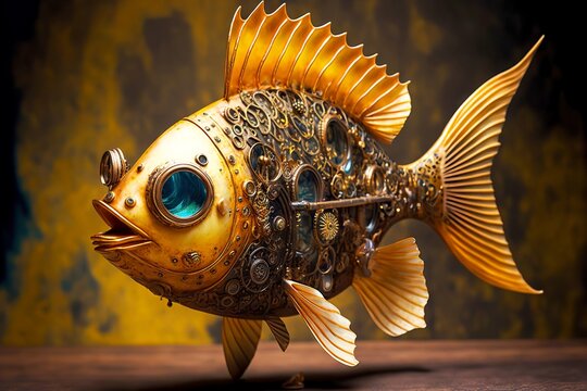 Vintage mechanical fish made of yellow metal in steampunk style, created with generative ai